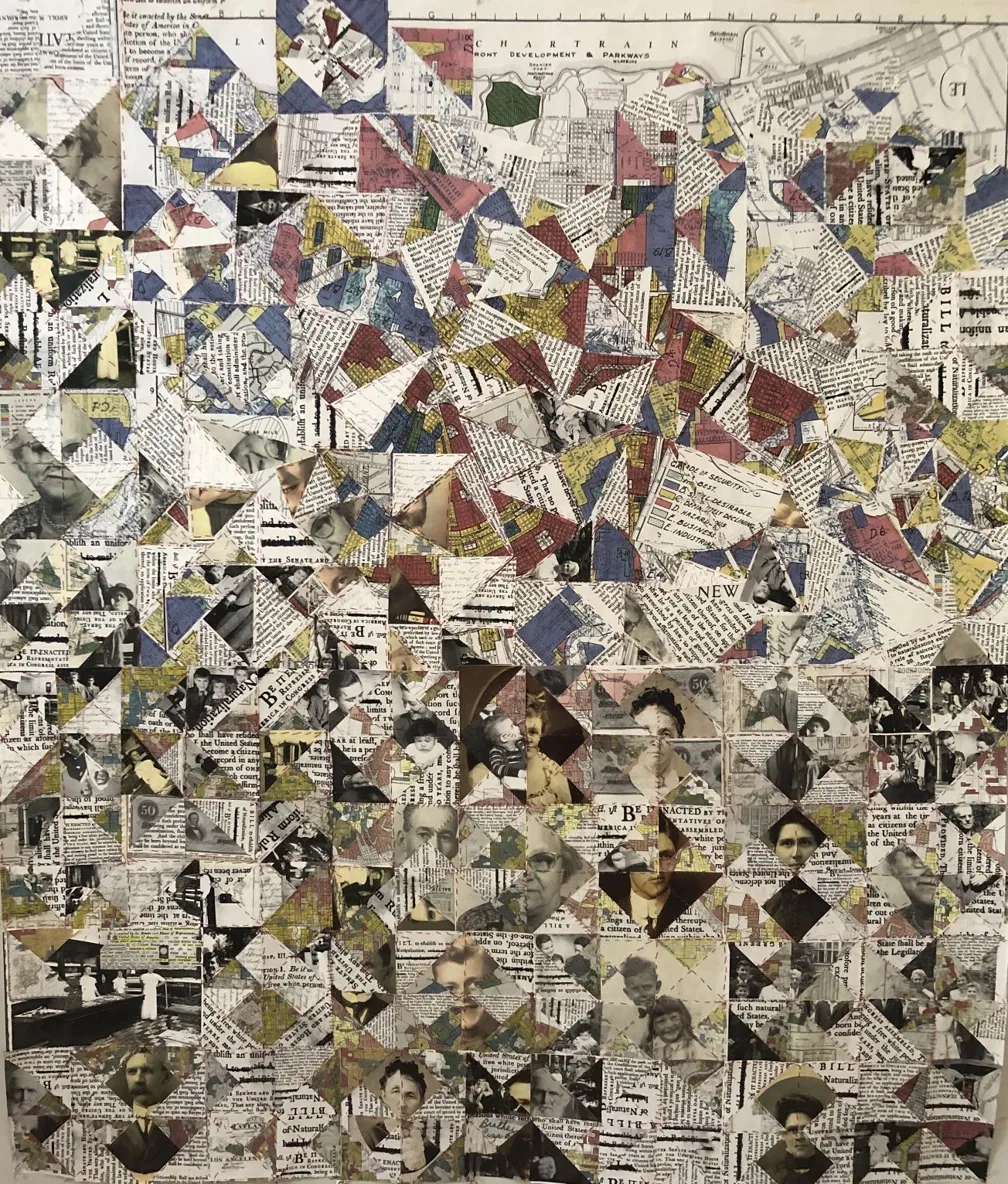 Inheritance, 2026, by Kim Rice. Hand-sewn redlining maps, family photographs, and the Naturalization Act of 1790.