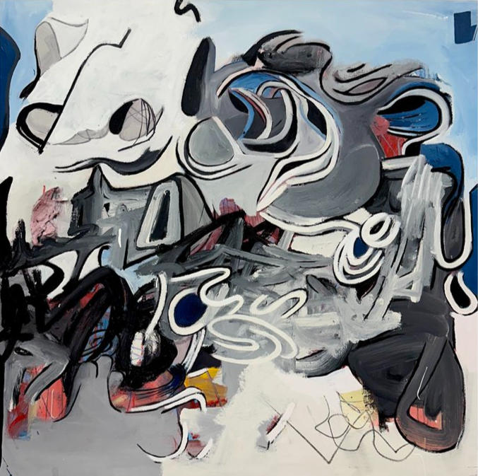 Between Realms, 2023, viscous acrylic and latex paint on canvas, 36 by 36 in. Sold.