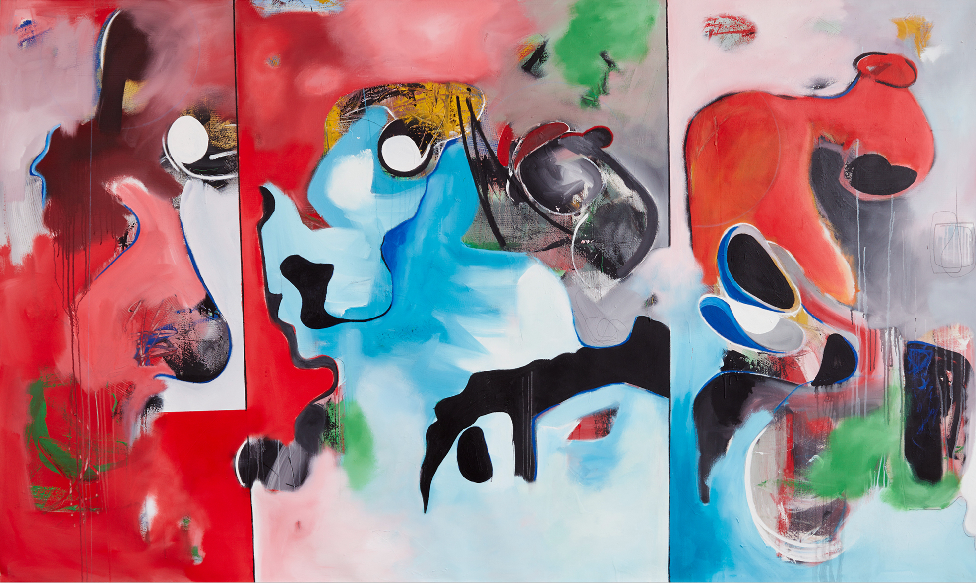 They Say The Sun Shines for All, 2021, viscous acrylic and latex paint on canvas, 55 by 94 in.